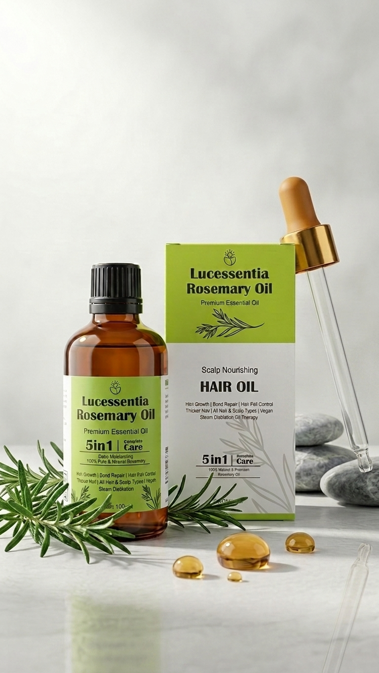 Lucessentia Pure Rosemary Oil set featuring the signature amber bottle, custom packaging, and glass dropper—a high-cineole botanical for professional scalp care.