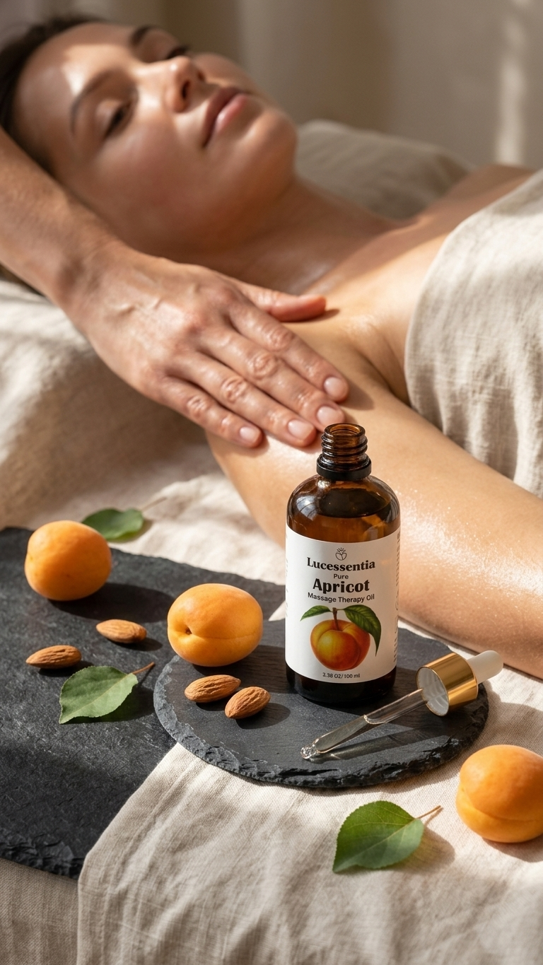 Relaxing massage therapy ritual featuring Lucessentia Wild Apricot (Gutti ka Tel) on a minimalist tray, designed for muscle relief and body recovery.