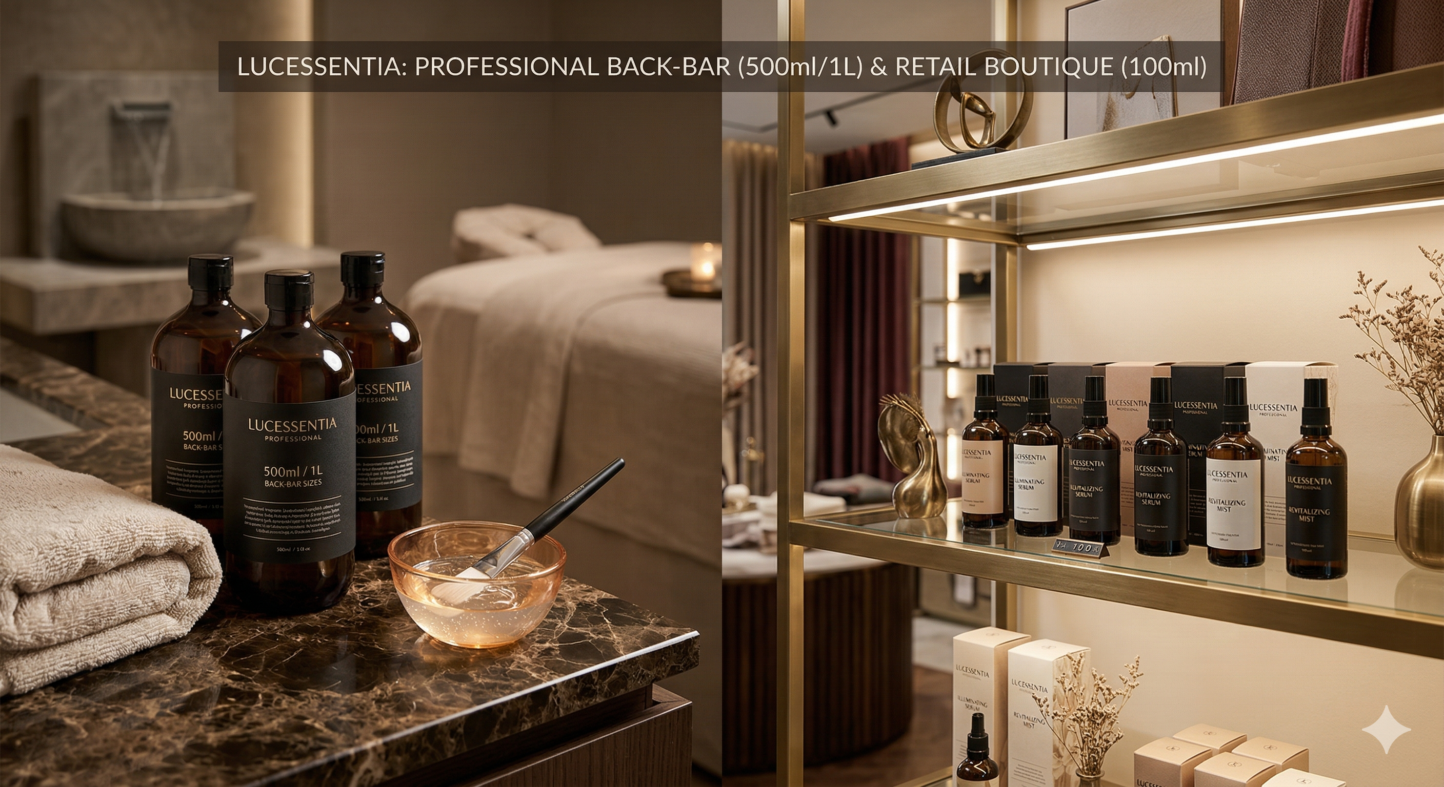 Display of Lucessentia professional 1-liter back-bar bottles and retail-ready 100ml bottles in a luxury boutique wellness setting