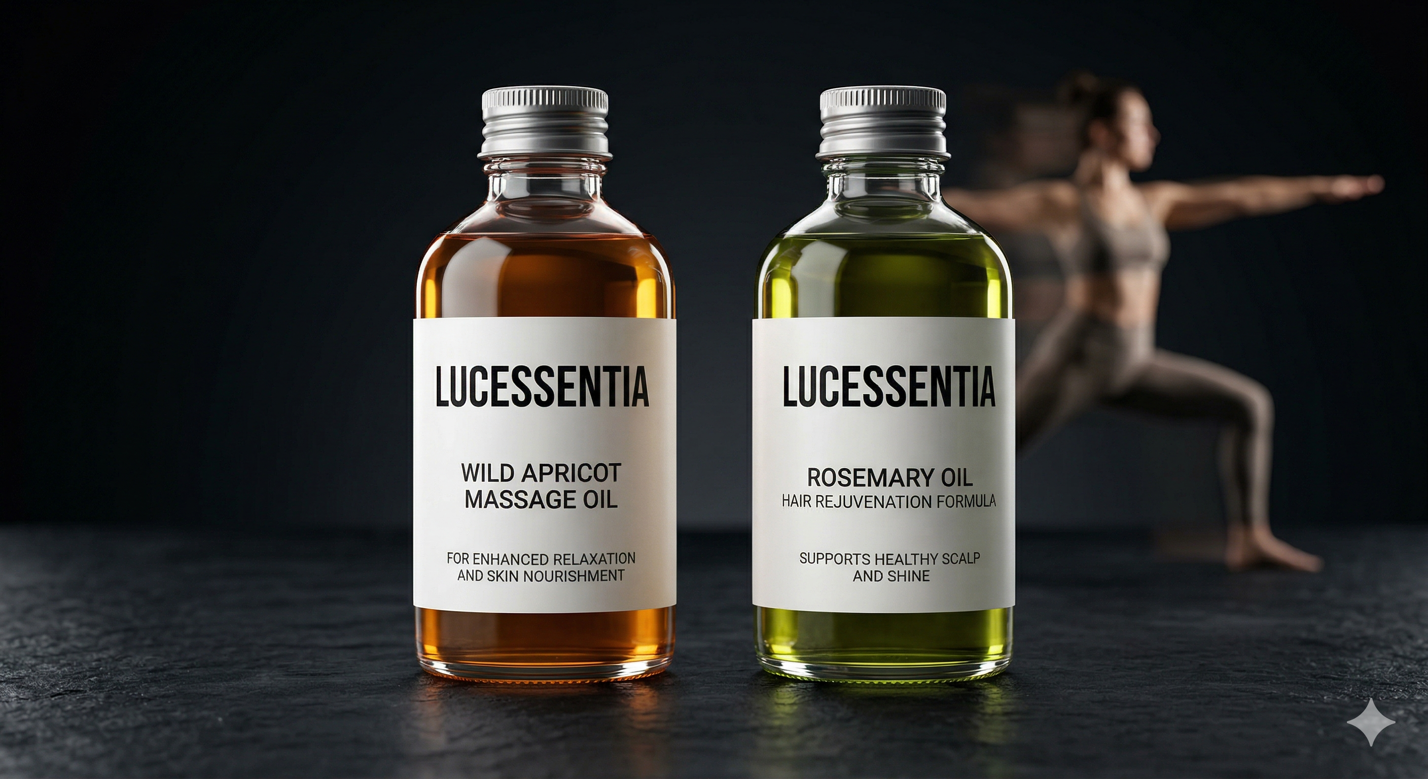 Lucessentia high-altitude Rosemary and Apricot massage oils on a professional spa back-bar, highlighting the concentration of antioxidants for holistic rituals.