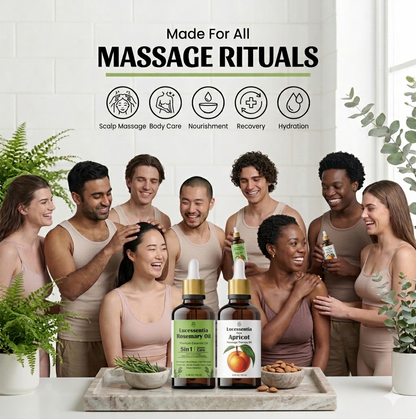 A diverse group of men and women experiencing a premium wellness ritual in a luxury marble spa setting, featuring Lucessentia Pure Rosemary and Wild Apricot (Chulli) oils with authentic Himalayan apricot kernels and fresh botanicals.