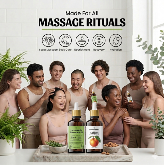 A diverse group of men and women experiencing a premium wellness ritual in a luxury marble spa setting, featuring Lucessentia Pure Rosemary and Wild Apricot (Chulli) oils with authentic Himalayan apricot kernels and fresh botanicals.