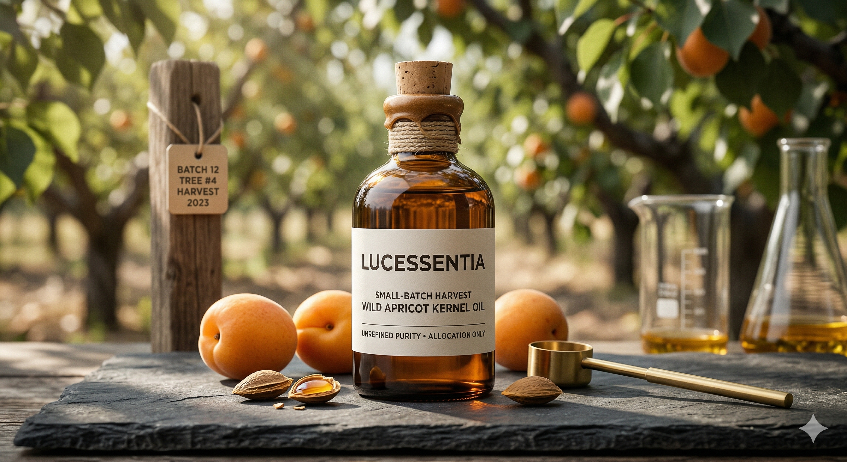 Lucessentia small-batch Wild Apricot Kernel oil featuring orchard-to-bottle traceability and unrefined purity for exclusive partnership allocation