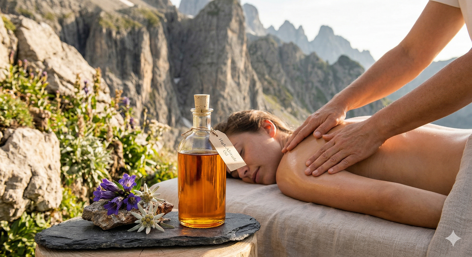 Person receiving a massage outdoors with mountains in the background
