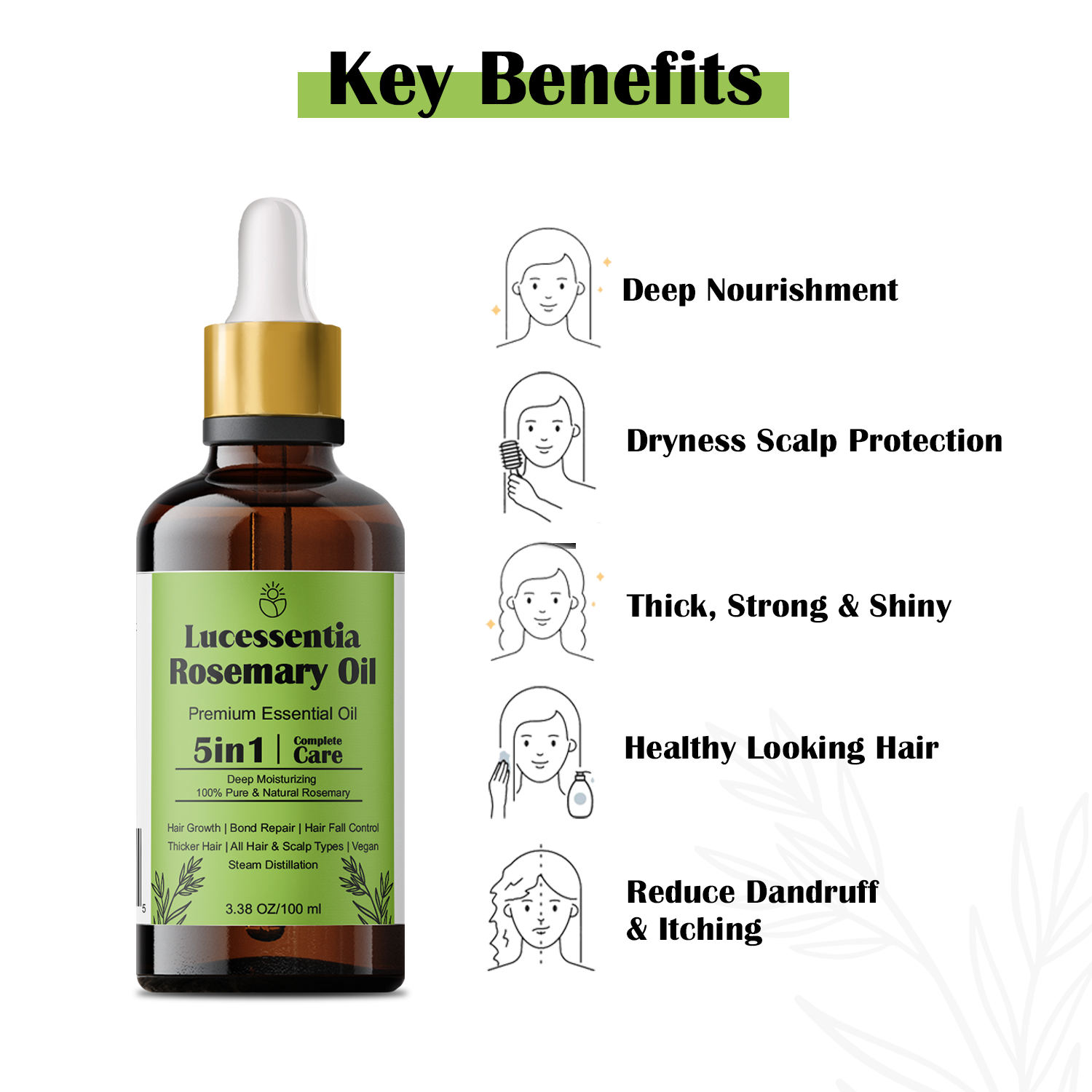 Lucessentia Pure Rosemary steam distilled oil for scalp wellness and fuller-looking hair, featuring high-cineole botanical potency and benefits