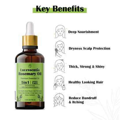 Lucessentia Pure Rosemary steam distilled oil for scalp wellness and fuller-looking hair, featuring high-cineole botanical potency and benefits
