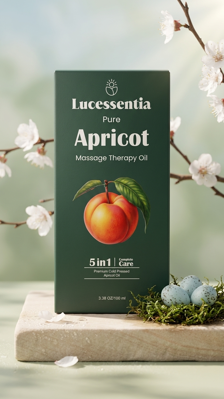 Lucessentia Pure Apricot Massage Therapy Oil packaging featuring custom botanical illustrations, inspired by the wild orchards of the Himalayas.