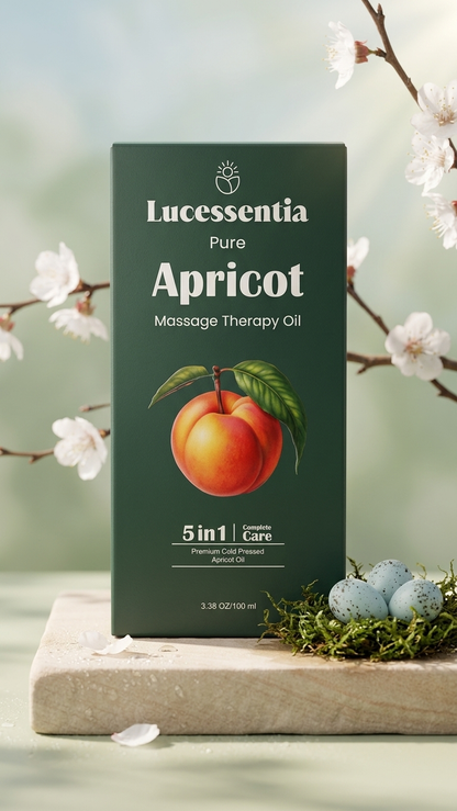 Lucessentia Pure Apricot Massage Therapy Oil packaging featuring custom botanical illustrations, inspired by the wild orchards of the Himalayas.