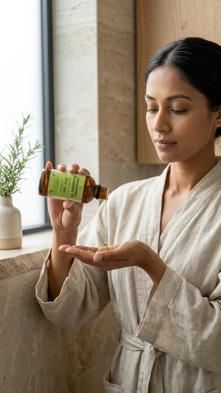 Daily self-care ritual featuring Lucessentia Pure Rosemary oil for a refreshing scalp treatment and hair vitality in a minimalist bathroom setting.