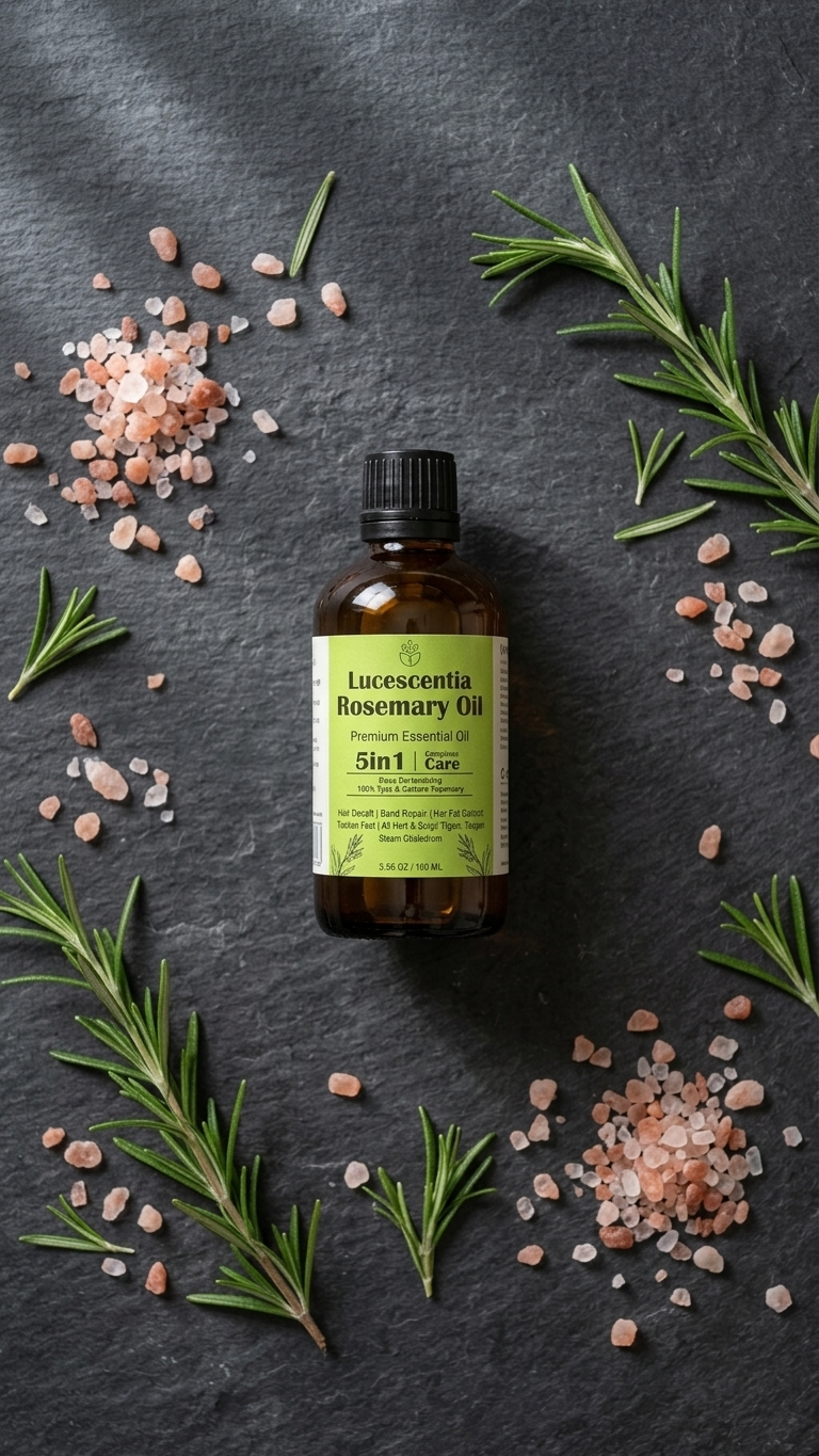 Lucessentia Pure Rosemary Oil on a dark, minimalist surface with fresh botanical leaves and mineral crystals—an invigorating scalp and hair wellness ritual.