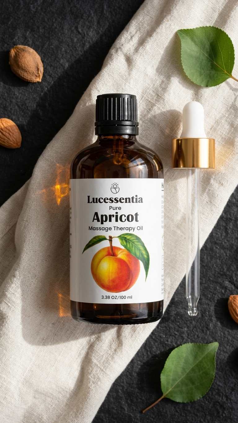 Lucessentia Wild Apricot massage therapy oil bottle with dropper on a minimalist surface with fresh leaves and Himalayan apricot kernels (Chulli).