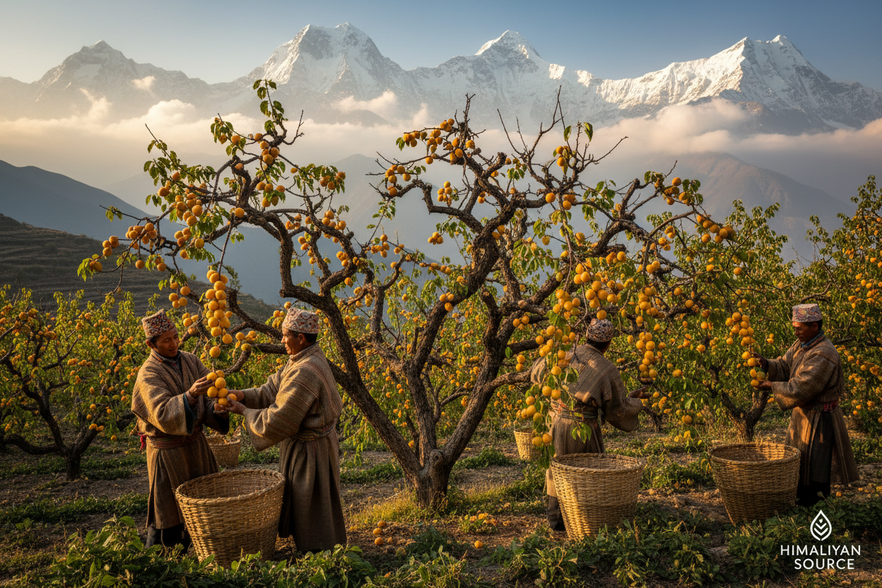 A close-up of sustainable Himalayan harvesting practices, symbolizing Lucessentia’s commitment to conscious impact, fair trade for local farmers, and preserving the ancestral orchards of Himachal Pradesh.